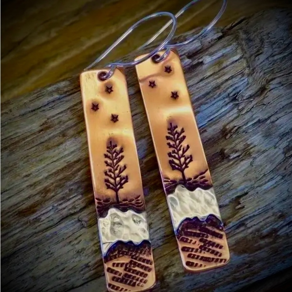 Snowy Tree & Snowflakes Landscape Earrings in Copper Tone